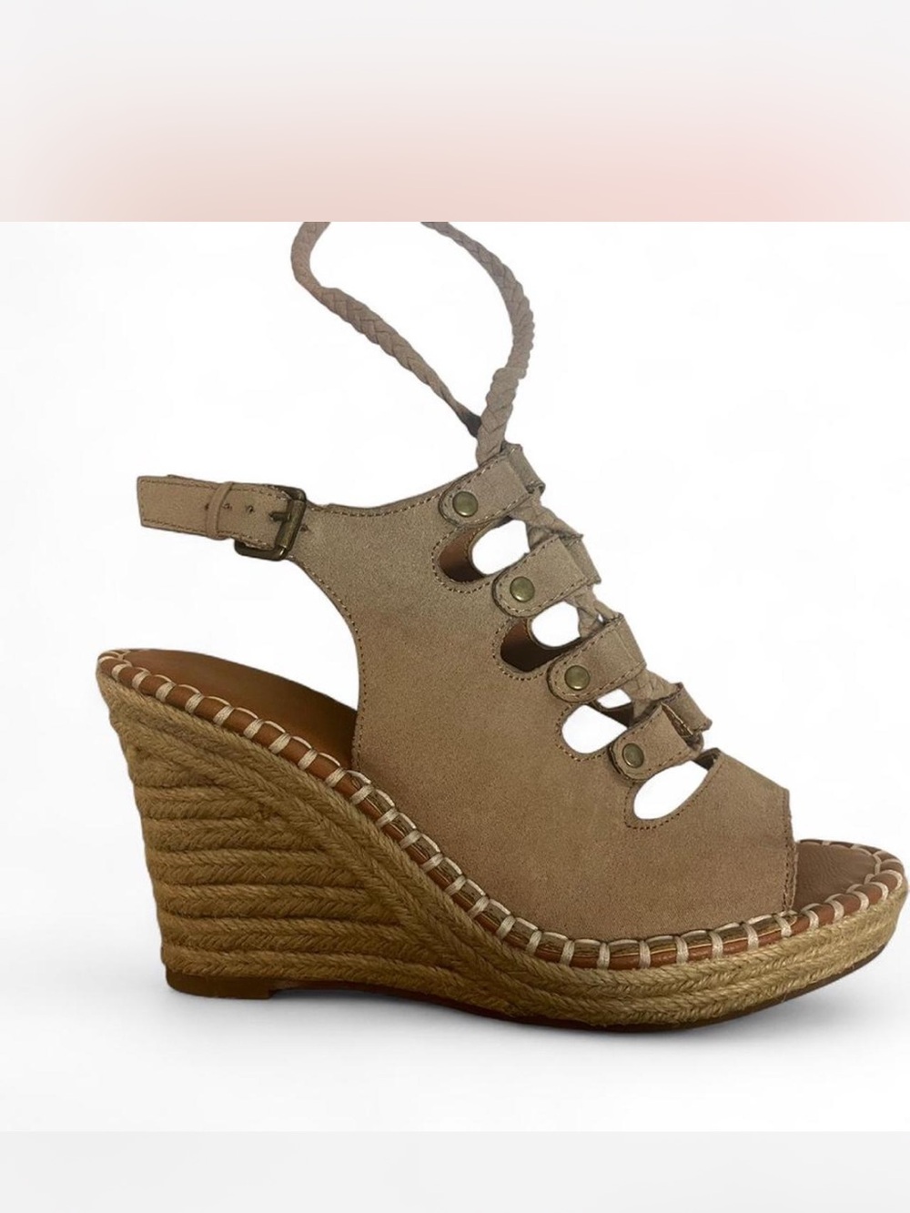 Suede Lace-Up Wedge Sandals - Taupe